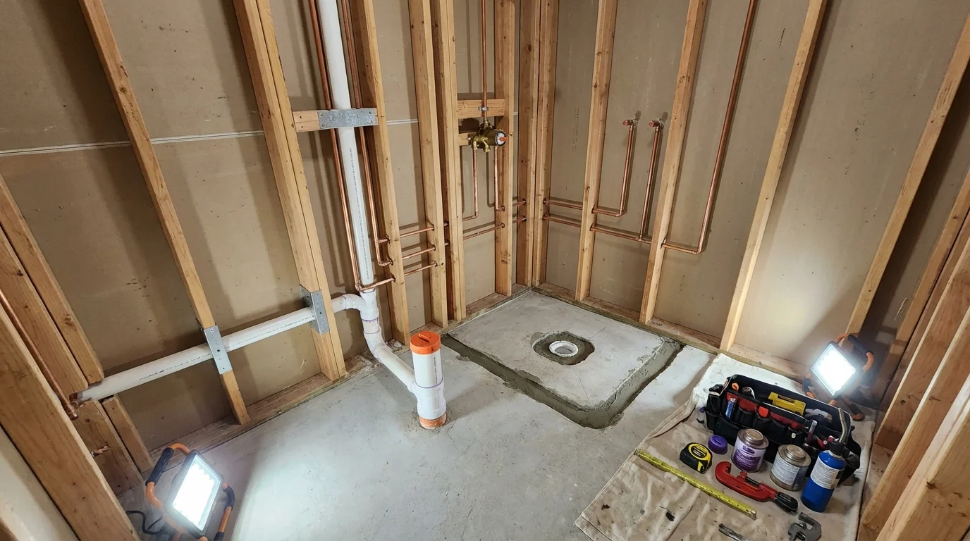 Bathroom rough-in plumbing during remodel by Johns Plumbing LLC in Londonderry