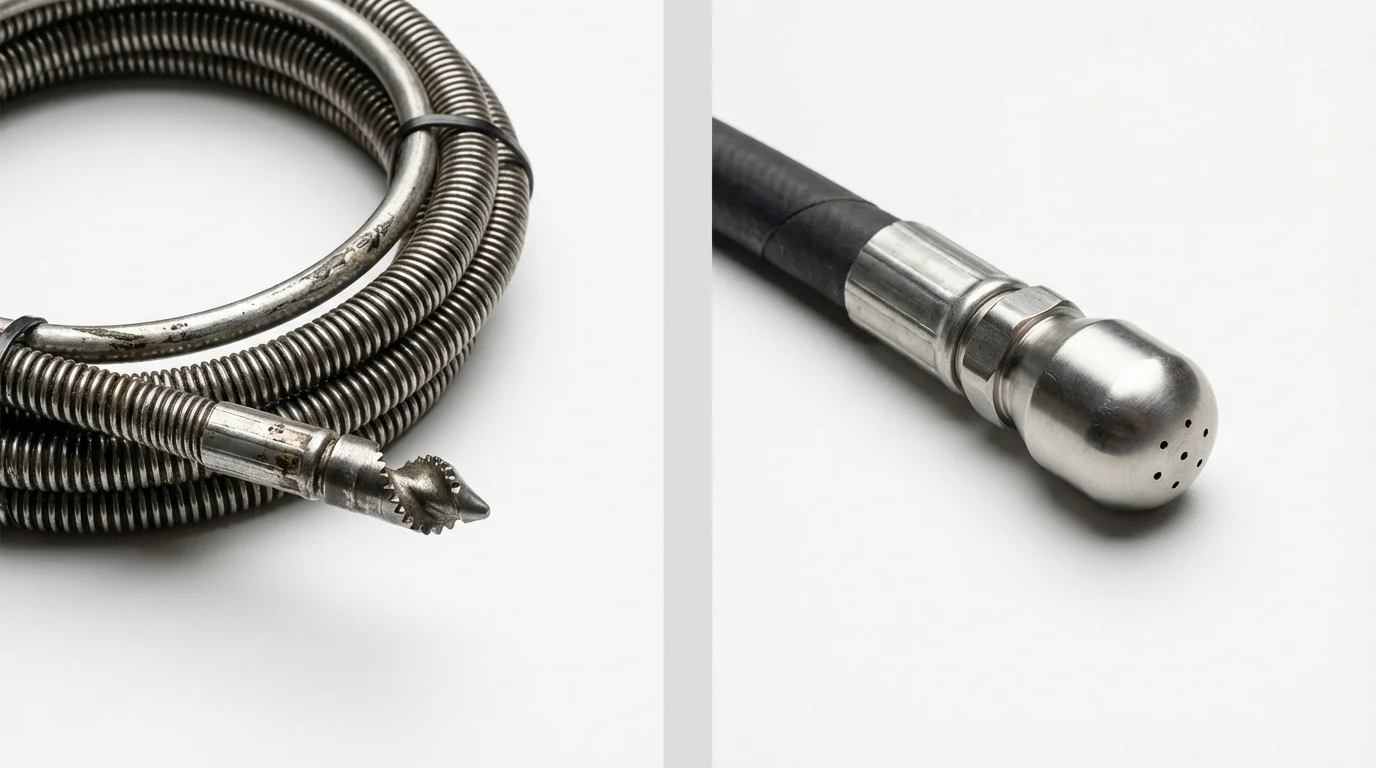 Drain snake cable and hydro jetting nozzle used for drain cleaning in Londonderry, NH