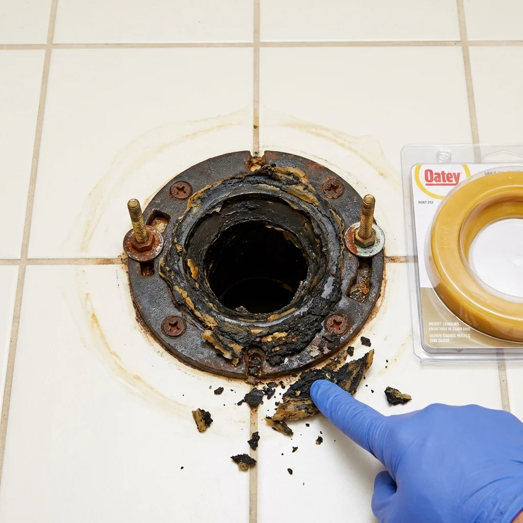 Failed wax ring showing water seepage at the base of a toilet in a Londonderry, NH home