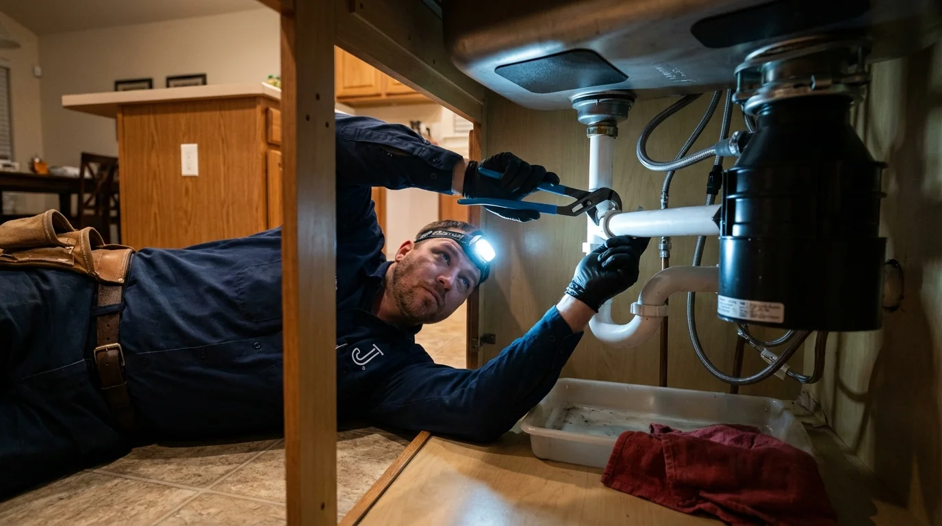 P-trap and supply line connections under a kitchen sink showing a common leak point in Londonderry, NH